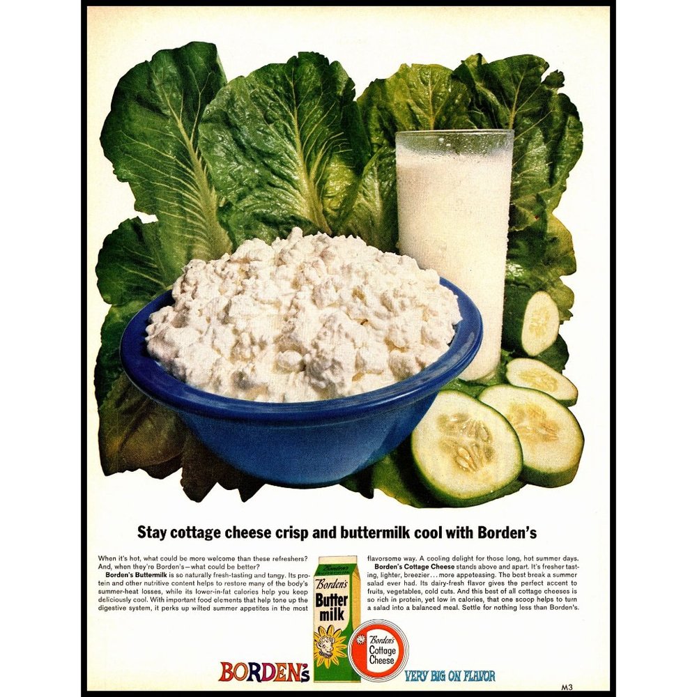 1963 Borden's Dairy Buttermilk Vintage Print Ad Cottage Cheese Blue Bowl Art